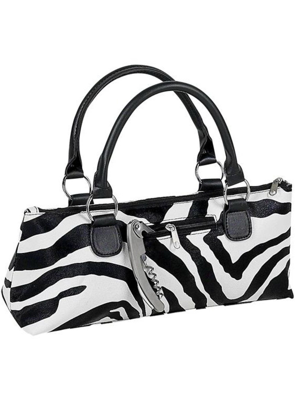 Zebra Print Black & White Wine Clutch with corkscrew